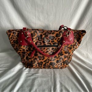Women’s Leopard Print Brown & Red Double Straps Shoulder Bag Tote Faux Leather